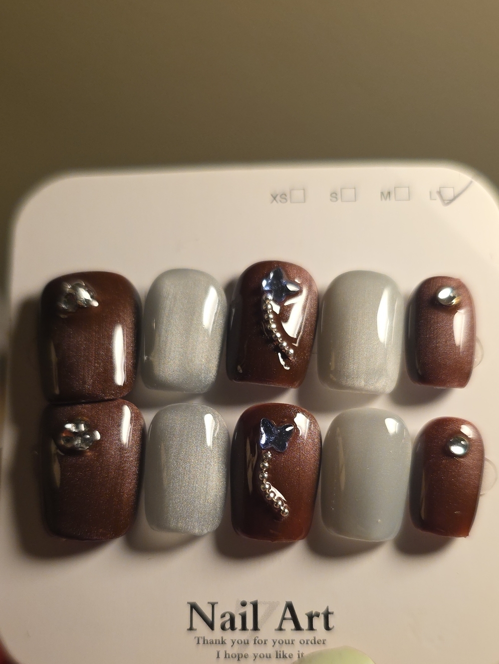 Brown & Silver Press-On Nail Set with Butterfly Accent Size Large
